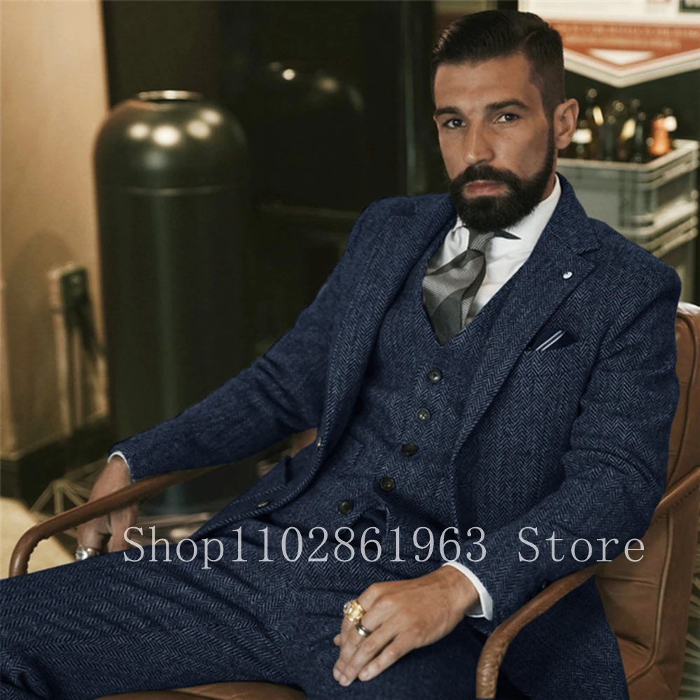 Trajes De Tweed De espiga azul marino para hombres, solapa con muescas, dos botones, 3 piezas, Trajes formales para hombres, mejores Trajes De boda