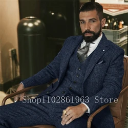 Navy Blue Herringbone Tweed Men Suits Notched Lapel Two Buttons 3 Pieces Formal Best Men Tuexdos For Wedding Trajes De Hombre