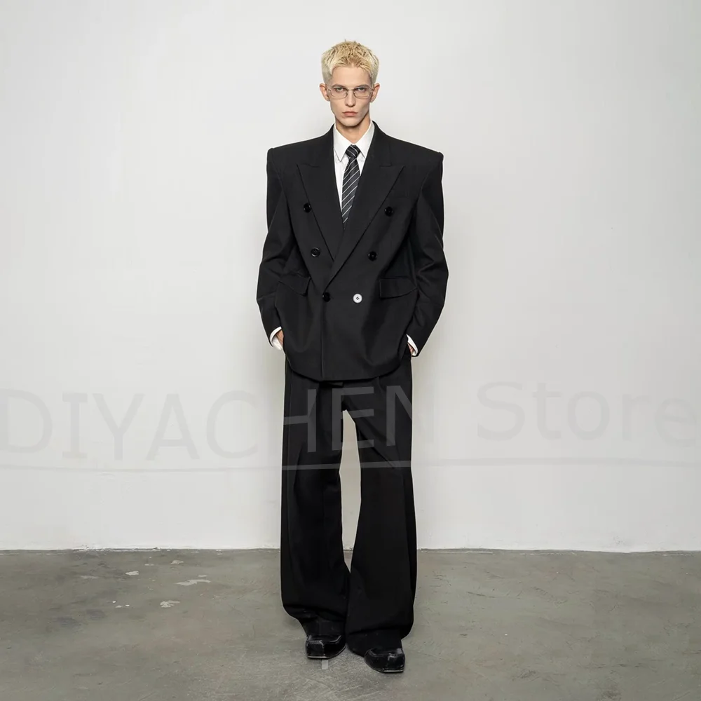 Men Oversized 2 Piece Suit Peak Lapel Double Breasted Loose Fit Blazer And Trousers Streetwear Business Party Wedding Tuxedo