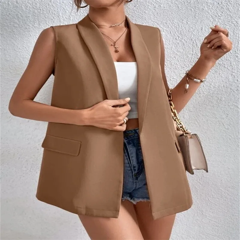 

Women Vest Long Slim Fit Sleeveless Jacket Elegant Street Style Fashion Ladies Brown Tank Top