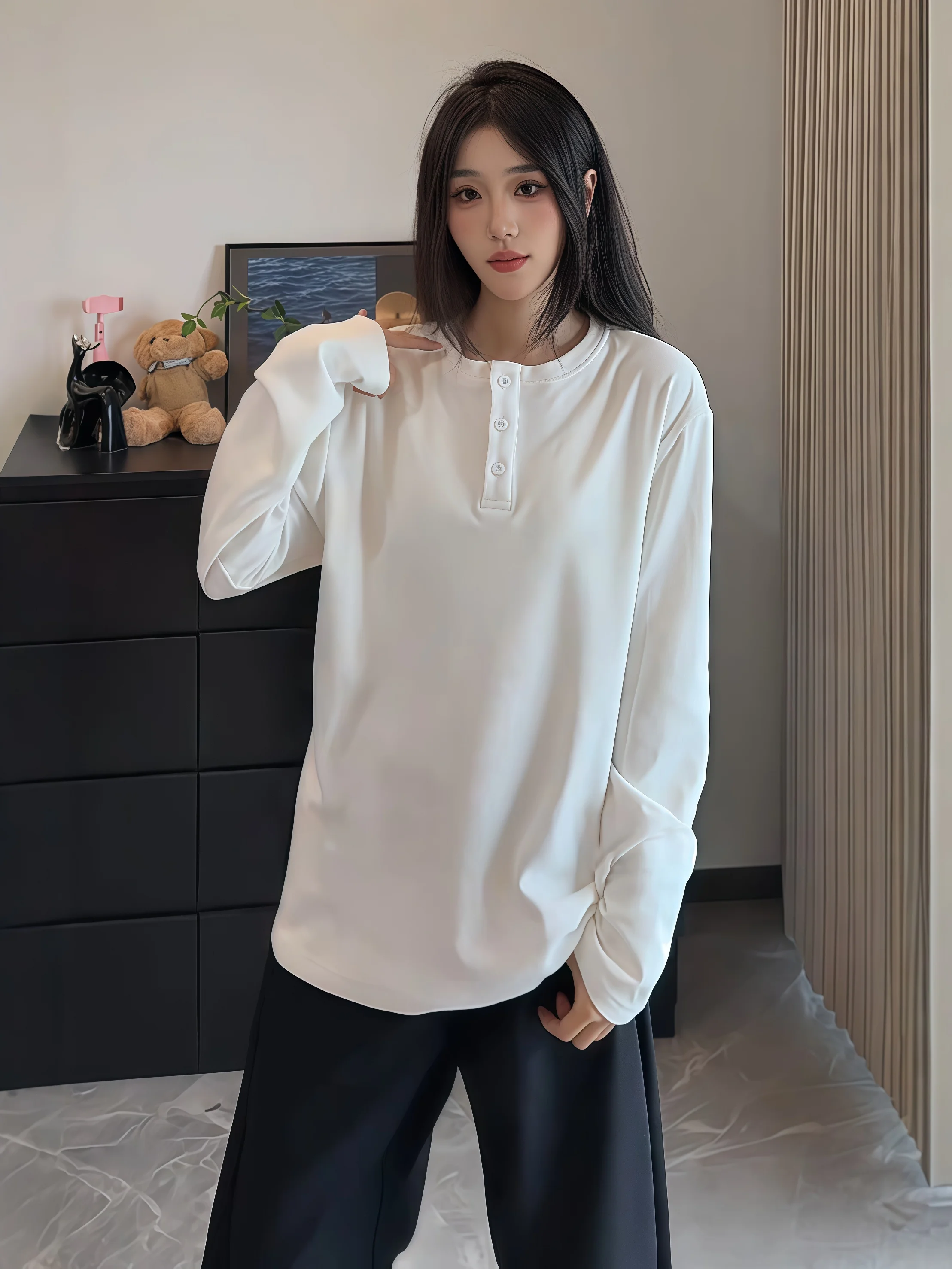 

Белая бархатная футболка Long Sve Henley Ne Autumn Winter High End Base Layer irt American Sle Heavyweight Sweats...