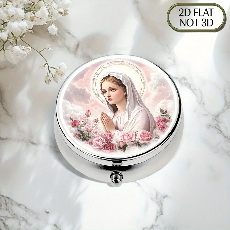 1 portable round three-compartment pill box – Mary and the Rose Cloud religious theme metal pill box, suitable for travel, can store vitamins, medication, and small accessories, flat design