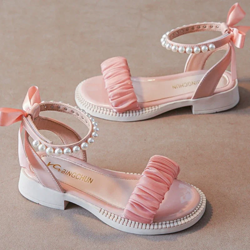 Little Girl Sandal Summer Elegant Children Princess Pearl Roman Sandals Fashion Sweet Bowtie Kids Causal Flat Open-toe Sandals