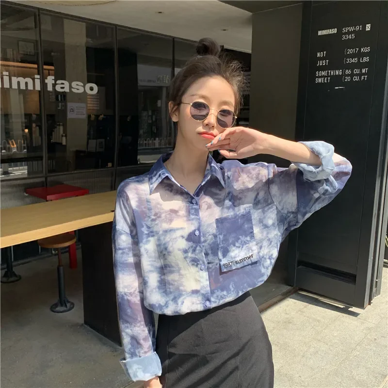 

Women Shirt Turn-down Collar Long Sleeve Chic Trendy Streetwear Baggy Tie-dye Design Sweet Lovely Girls Korean Fashion Summer