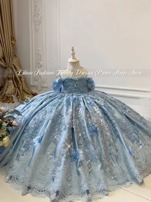 

Dreamy Baby Blue Elegant Flower Girl Dress Customized Luxury Gemstone Lace Bow Birthday Dress Children's Bridesmaid Dress 2026