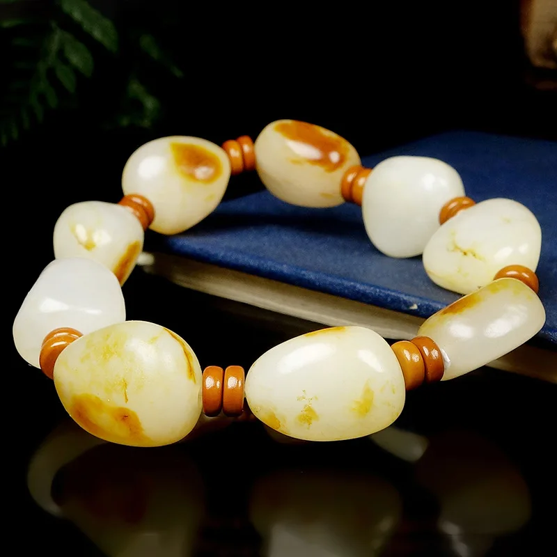 

Красная кожа Hetian Pebble Date с нефритовым браслетом в форме