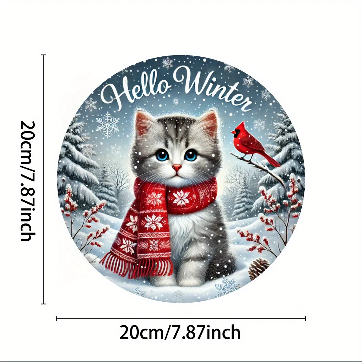 2D Flat, 1pc Cute Kitten & Bird Round Metal Wall Decor Sign - 7.8x7.8 Inch Waterproof Durable & Bird Art with Pre-Drilled Holes
