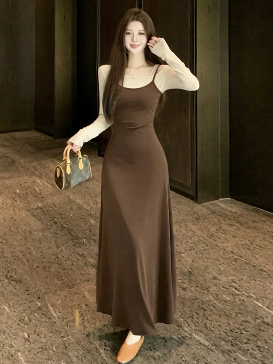 Sexy Contrast Color Block A-Line Long Dress High Waist Slimming Striped Trendy Two-Piece Look City Commute Suitable Long Sleeve