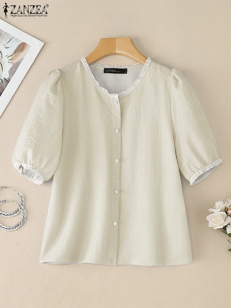 ZANZEA 夏の女性のレーストップスファッションシャツ 2025 半袖チュニックブラウスカジュアルルーズ無地パフスリーブ甘い Blusas