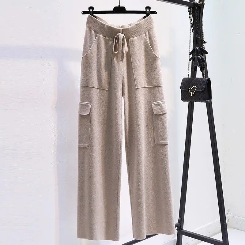 กางเกงไหมพรมผู้หญิงเอวสูงทรงขากระบอกตรงสไตล์เกาหลีสำหรับฤดูใบไม้ร่วงและฤดูหนาว ทรงเข้ารูปและหลวมสบาย