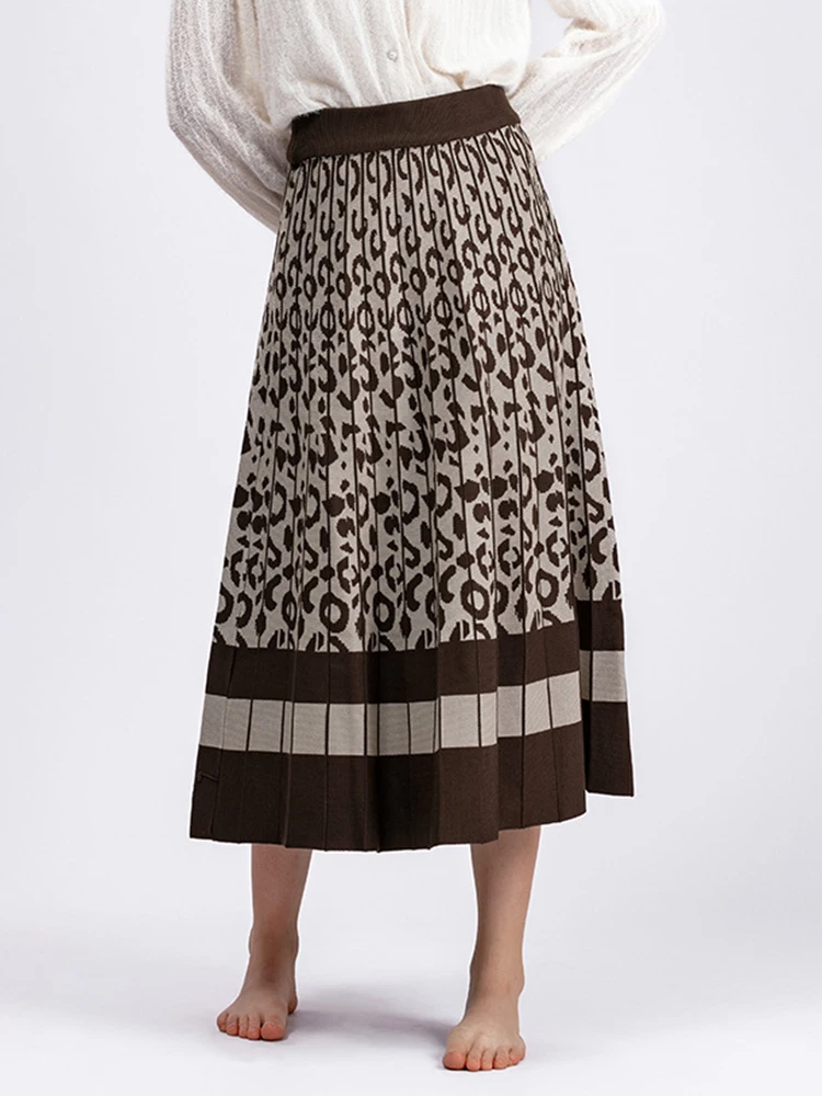 Outono e inverno nova saia midi de malha contrastante com estampa de leopardo retrô para mulheres, estilo médio a longo