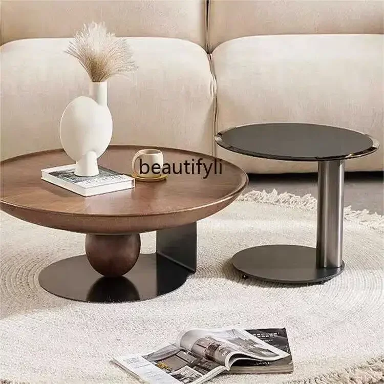 182C Italian Minimalist round Walnut-Color Tea Table Combination Modern Retro Silent Small round Table