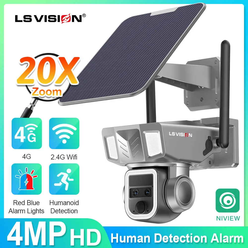 

LS VISION Dual Screen WIFI Camera Outdoor Solar Powered Battery 20X Zoom PTZ Humanoid Detection Auto Tracking Cctv Waterproof