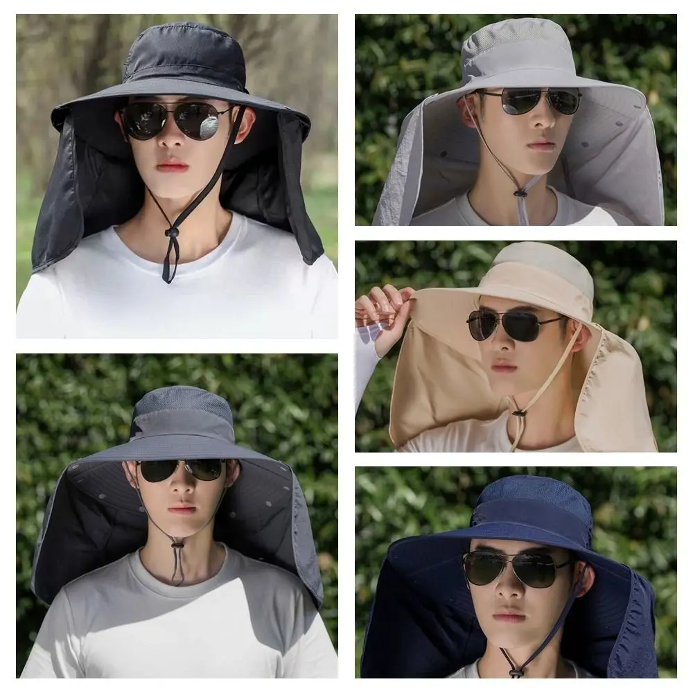 Simple Cloth Men Sun Hat Neck Protection Removable Shawl Women Visor Cap With Lanyard Ultraviolet-proof Summer Bucket Hat Beach view 5
