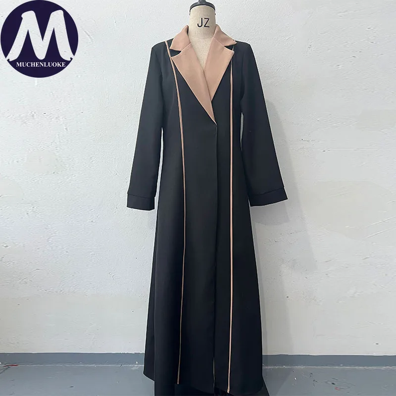 معطف نسائي طويل أنيق للخريف والشتاء، طية صدر السترة غير رسمية عصرية بلونين، ملابس خارجية دافئة فضفاضة