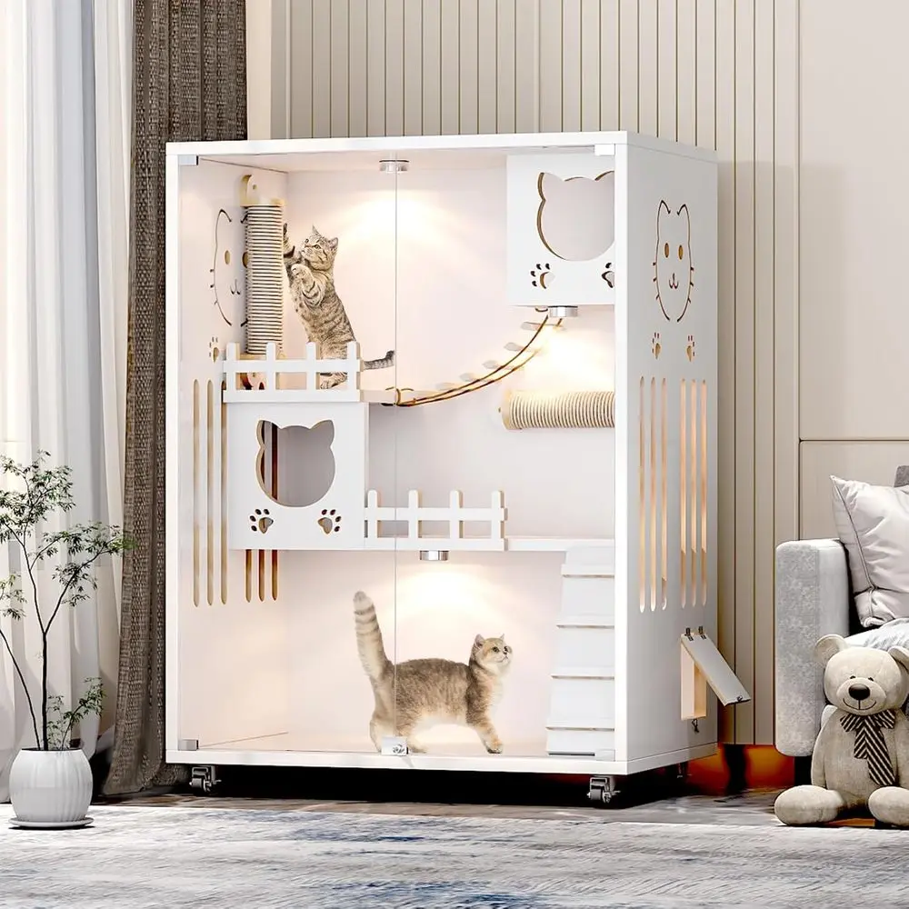 

Крытый домик для кошек, деревянная вилла для кошек, вольер для кошек для использования в помещении и на улице с колесами, многофункциональные кошачьи домики для домашних кошек с вентиляцией