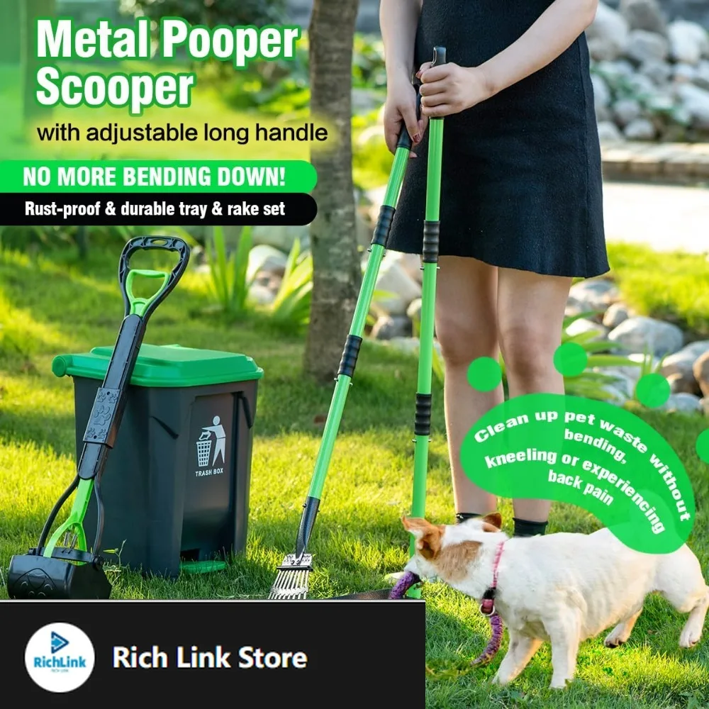 

Pooper Scooper Set - 28" Dog Pooper Scooper & Long Handle Stainless Metal Tray&Rake, 15 Litre Step Dog Poop Trash Can w/Removab