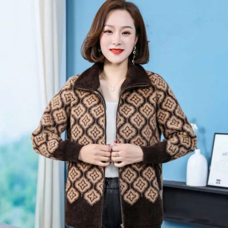 Manteau court en fourrure de vison pour femme, Cardigan tricoté, tendance, décontracté, fermeture éclair, veste épaisse, imprimé de haute qualité, haut à manches longues, automne et hiver