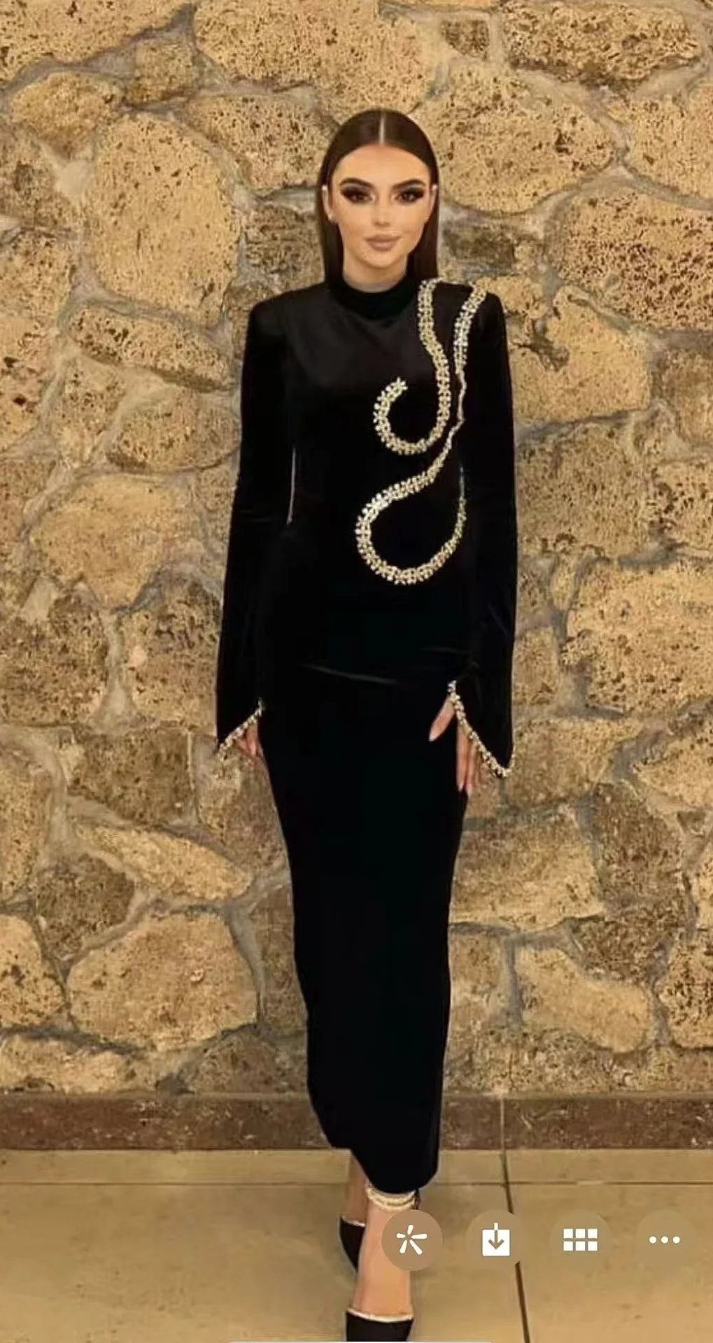 

Luxury Crystals Stone Women Prom Dress Autumn Fall High Neck Full Sleeves Long Party Gown Formal Sheath Evening Birthday Robe