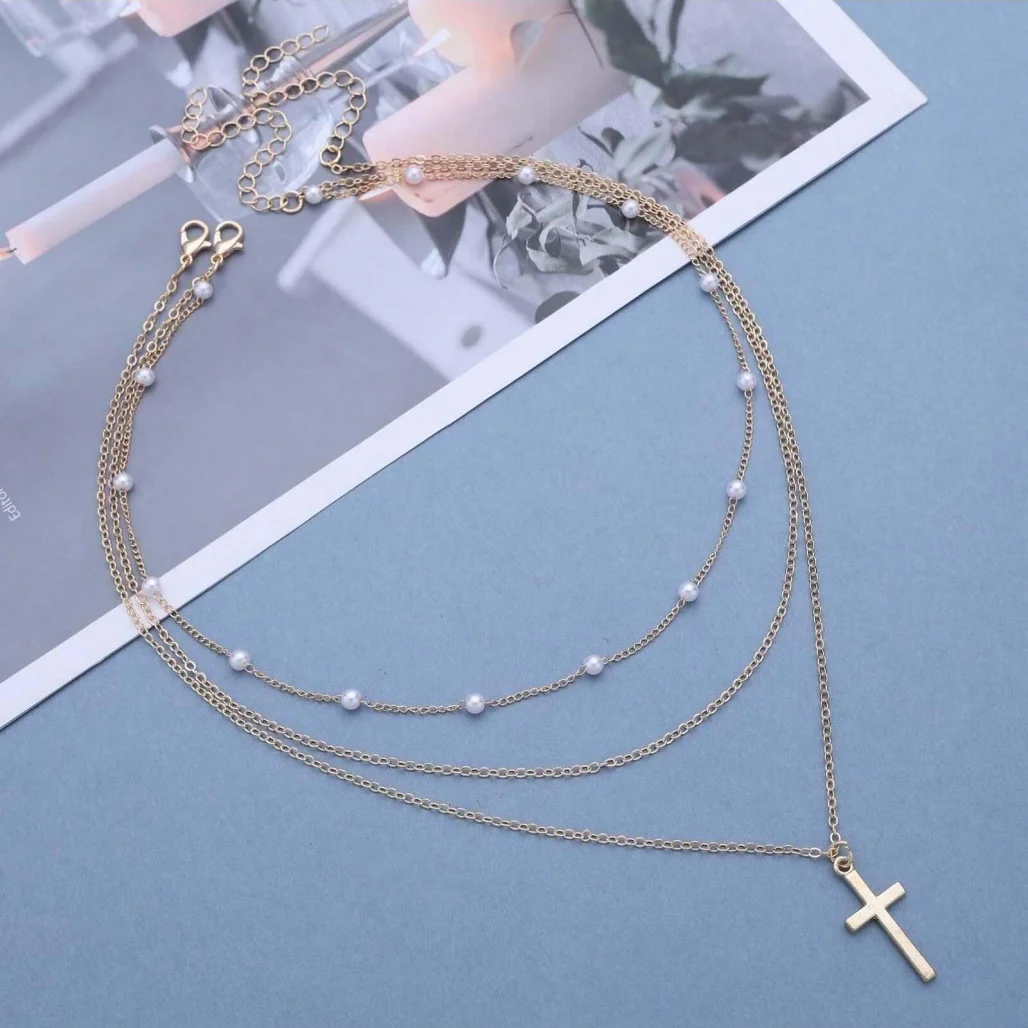 Layered Pearl Cross Necklace, Multi Pendant Adjustable Choker, Stackable Vintage Necklace for Women Jewelry