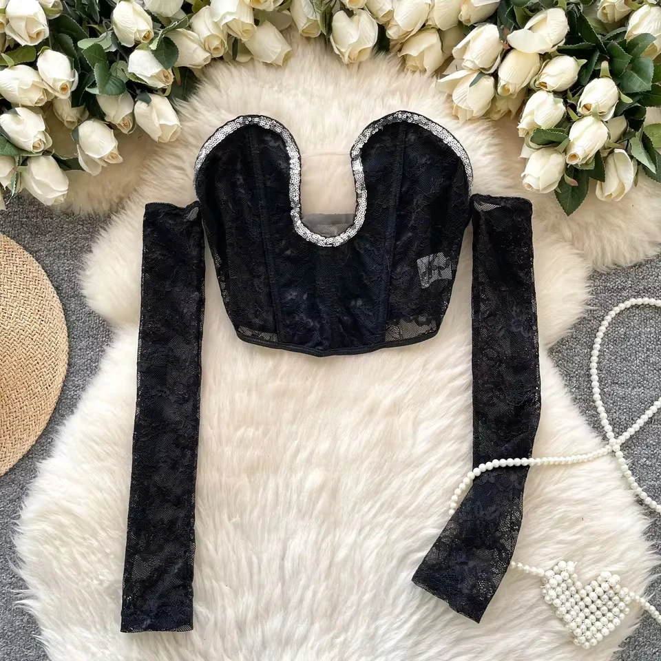 

Socialite Style Shirt Tube Top Tank Top for Women Summer Sequin Blouse Mesh Sleeve Covers Base Layer Top