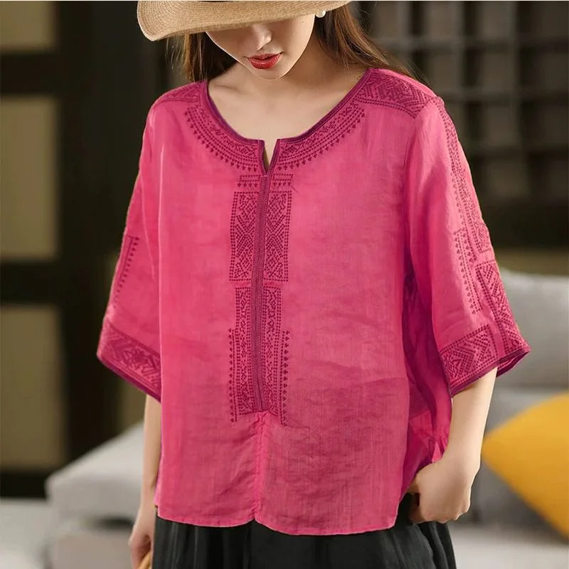 Women  Geometric Embroidery  Blouse Notched Neck Three Quarter Sleeve Loose Casual Top