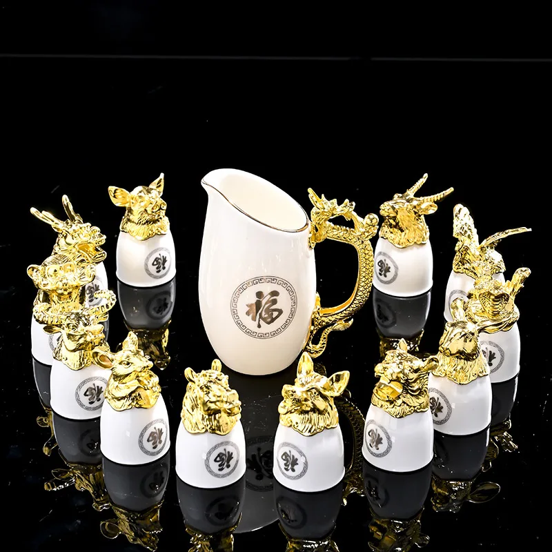 12 Zodiac animal head ceramic wine glass set wine dispenser gift set 6