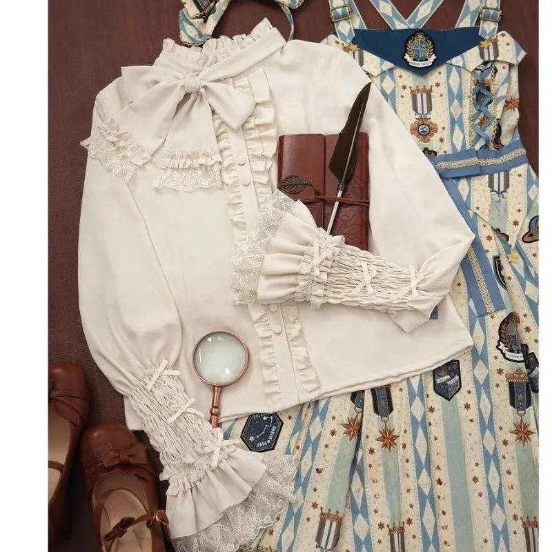 

Fashion Lolita Stand Collar Long Sleeve Blouse Y2k Aesthetic Pleated Lace Temperament Women T Shirts Harajuku Tie Design Tops