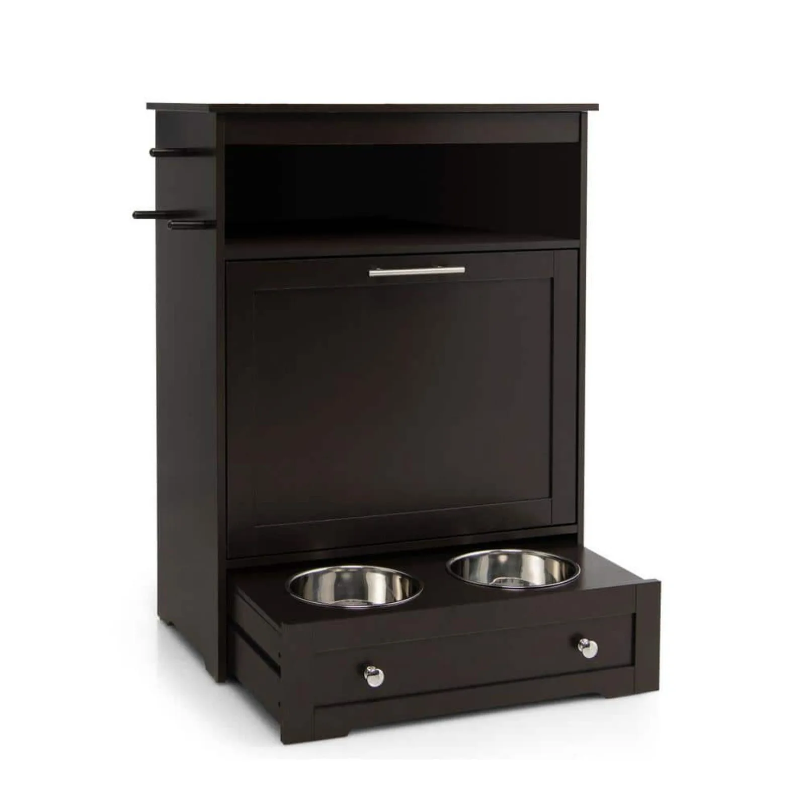 US Pet Feeder Station with Pet Food Storage Cabinet, Stainless Steel Dog Bowl in Coffee