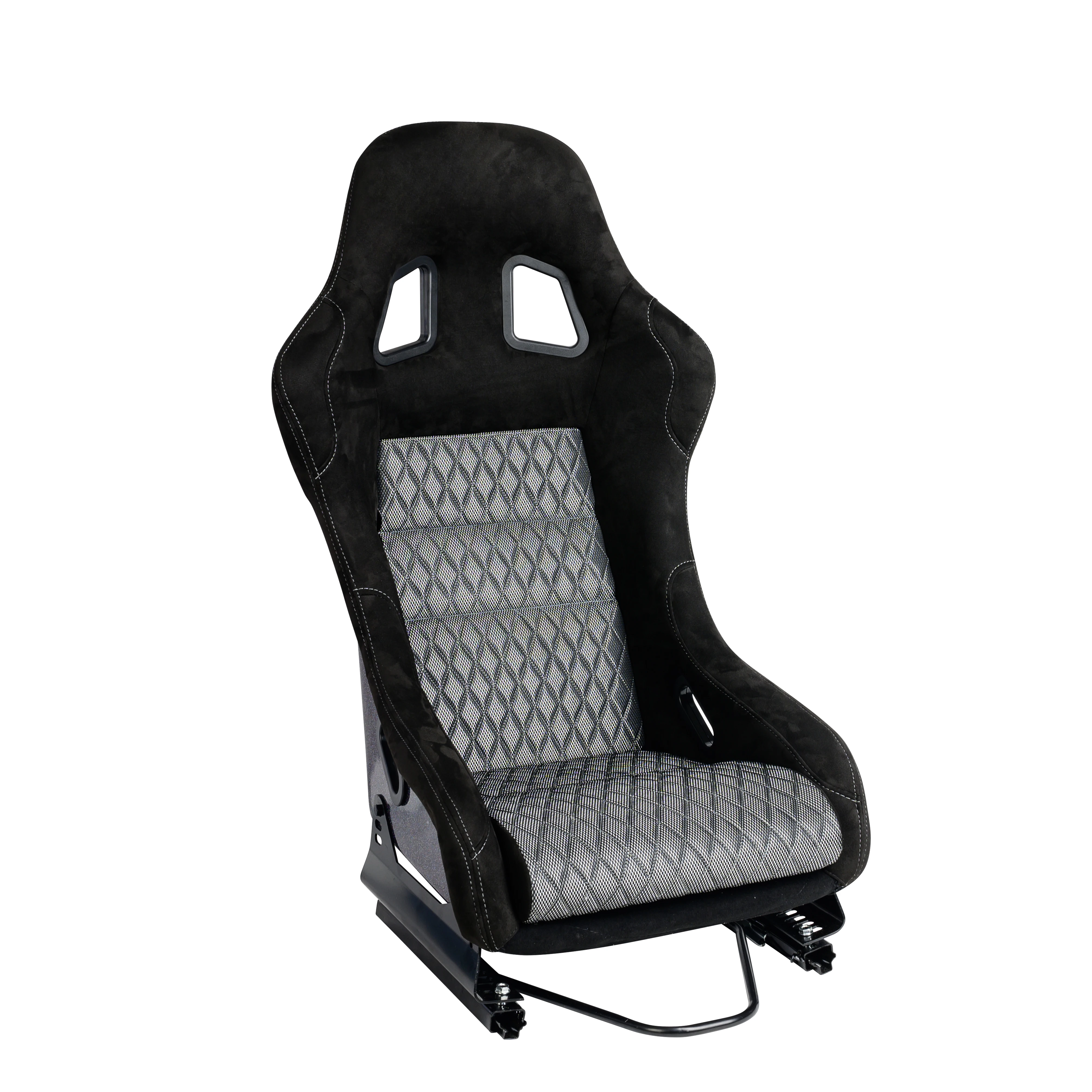 Size L 1PC of Universal Fiber Glass Racing Bucket Seat, Silver Mesh Shiny Fabric w/Dual Lock Slider, Two Different Color cushion