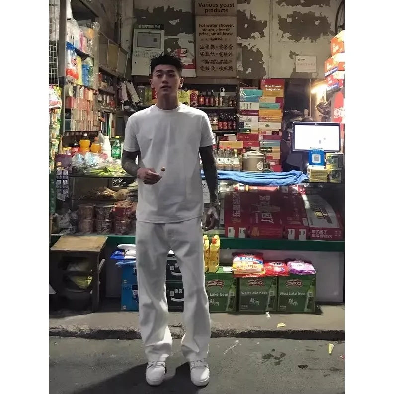 AC American High Street White Jeans ex Trendy Brand Spring Autumn New Cotton Vintage Loose Match Straight Leg Pants