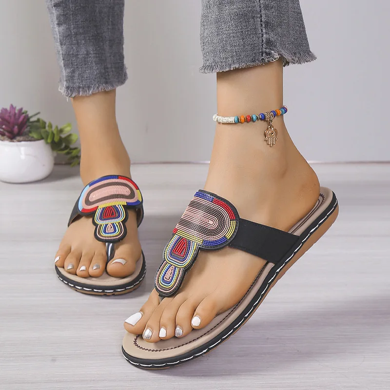 Schuhe Frau 2024 niedrige Hausschuhe flach große Größe Pantofle Gummi Flip Flops neue hawaiian ische Stoff rutschen Huf absätze pu niedrige Schuhe Frau