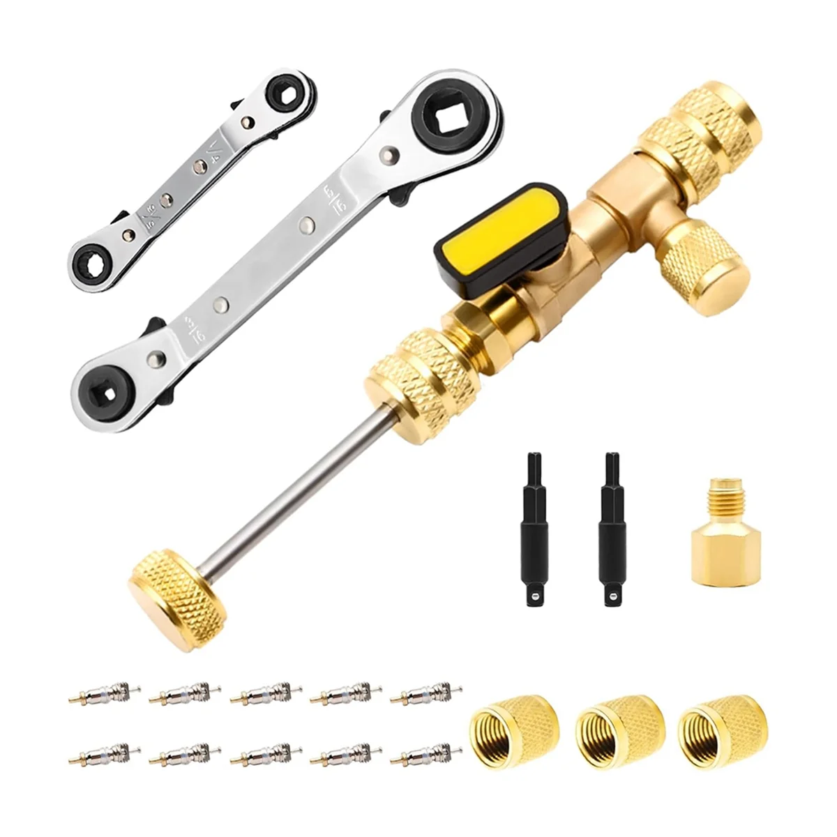 Valve Core Remover Tool with Dual Size SAE 1/4 & 5/16 Port, 10PCS Valve Cores with Seal and 3PCS Brass Nuts