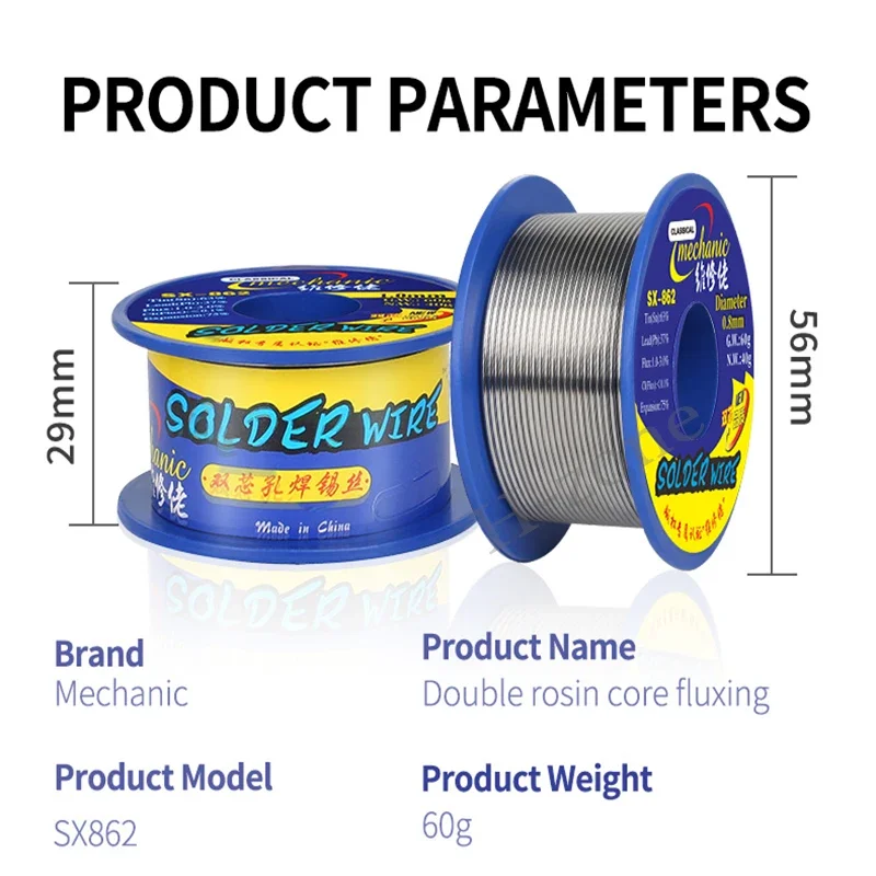 MECHANIC 60g はんだワイヤー ダブルロジンコアフラックス SX-862 183 ℃   融点 0.3-1.8mm 高純度環境錫ワイヤーツール