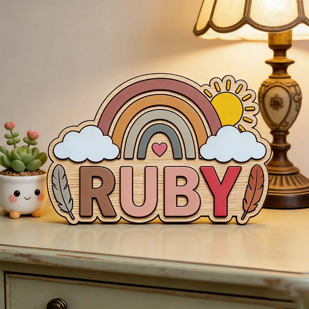 Personalized Boho Rainbow Sun Name Wooden Sign Baby Shower Gift for Newborn Boys Girls Nursery Decor