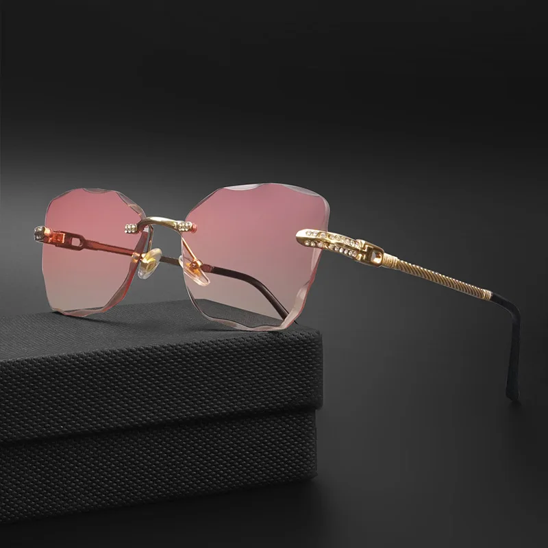 Neue Luxus rahmenlose Sonnenbrille Frauen Mode Katzenauge Diamant schneiden Farbverlauf Sonnenbrille Retro Travelling Brille uv400