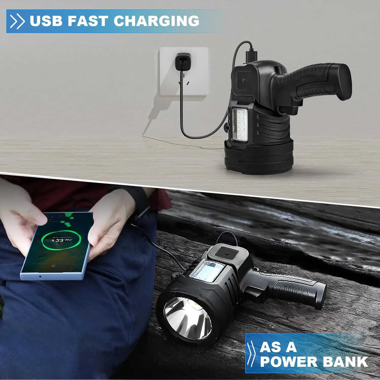 مصباح يدوي كشاف 90,000 لومن قابل لإعادة الشحن، مصباح LED خارجي USB-C للصيد والتخييم والقوارب