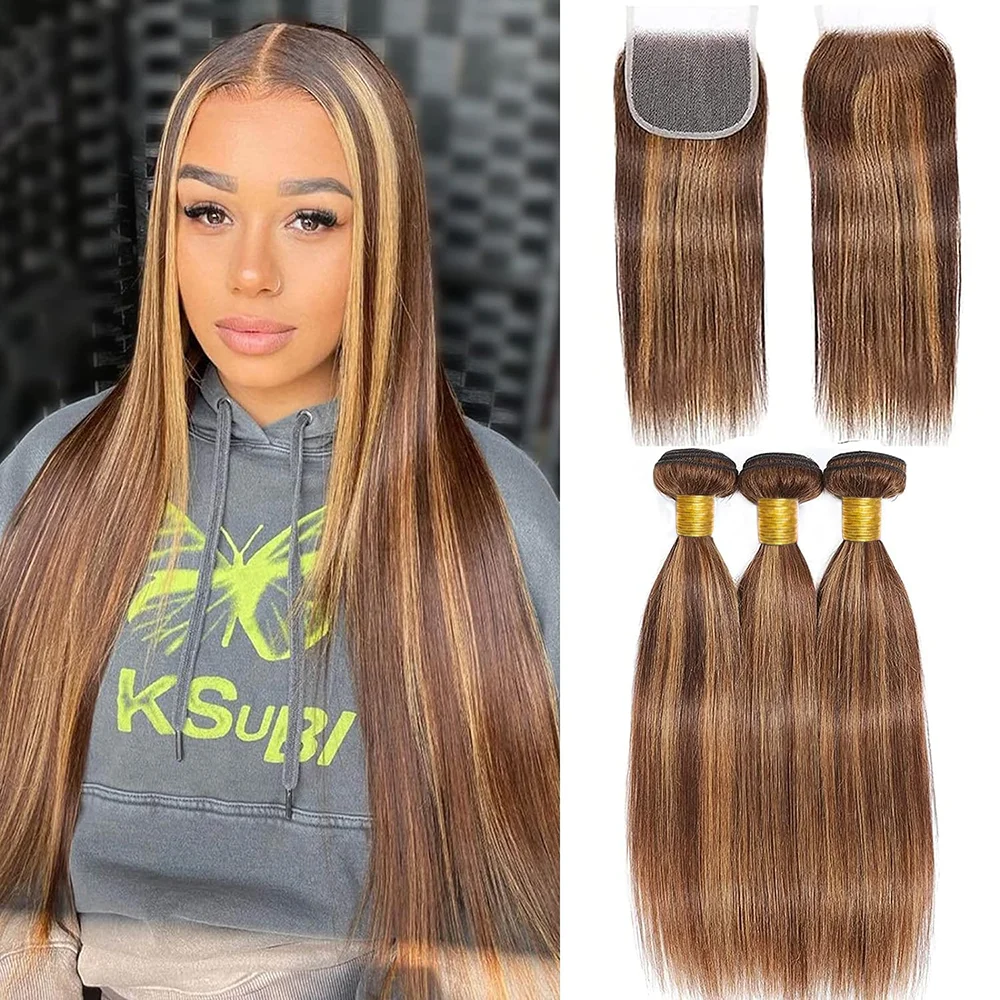 Highlight 12A Straight Human Hair Bundles with Closure Honey Blonde Human Hair Bundles 100% Burmese Virgin Raw Hair Bundles