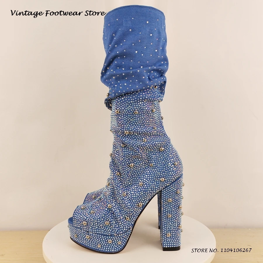 Bling Crystal Embellished Platform Booties Peep Toe Chunky Heel Party Evening Shoes Women's Fashion Side Zipper Mid-calf Boots