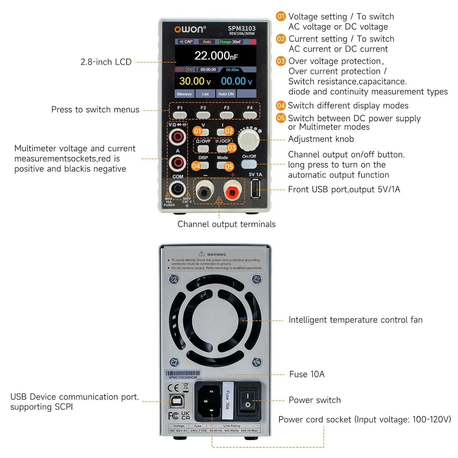 SPM3103 مزود طاقة تيار مستمر 2 في 1 ومقياس متعدد (0-30 فولت، 0-10 أمبير)، 2.8 بوصة LED، USB، 4.5 أرقام