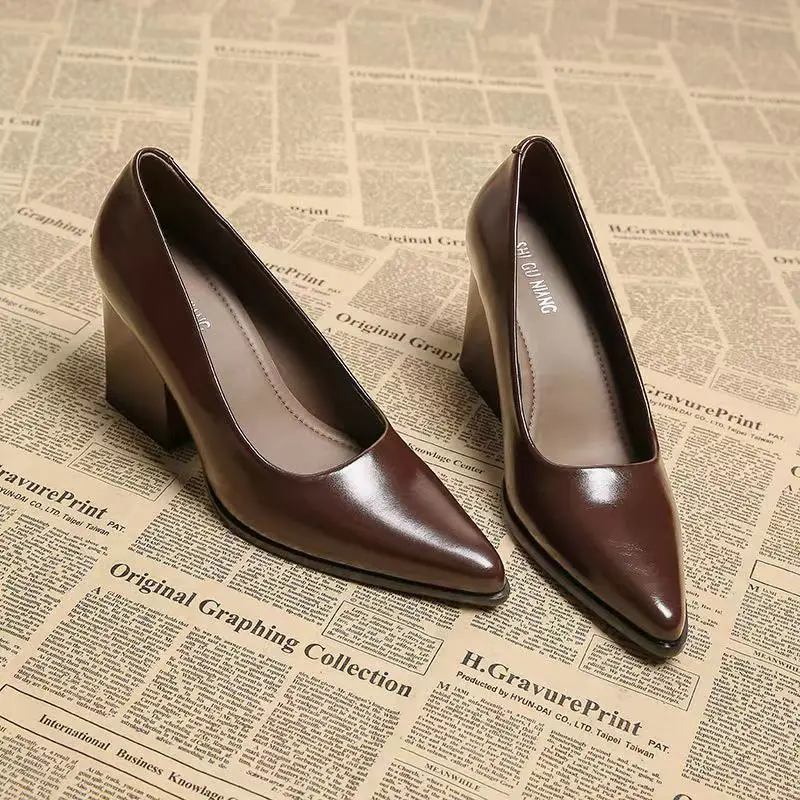 2026 Neue Frühlings-Damen-Pumps Modische Spitze Slip-On Schuhe Elegante Arbeitsschuhe mit Dickem Absatz aus Leder – Detail 4