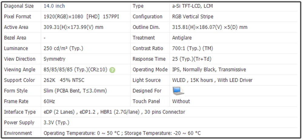 LP140WFA-SPMA 14 inch LCD Screen IPS FHD 1920x1080 EDP 30pins 60Hz Slim 45% NTSC 250 cd/m² (Typ.)