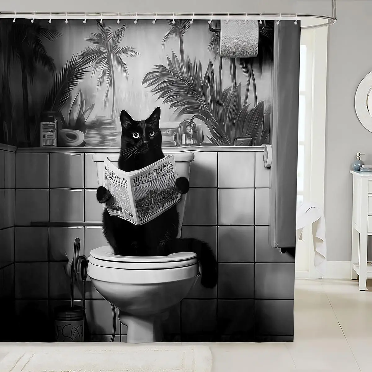 

Black and White Shower Curtains Funny Black Cat Bathroom Curtain for Kids Women Men Kawaii Bathroom Accessories Cute Animal