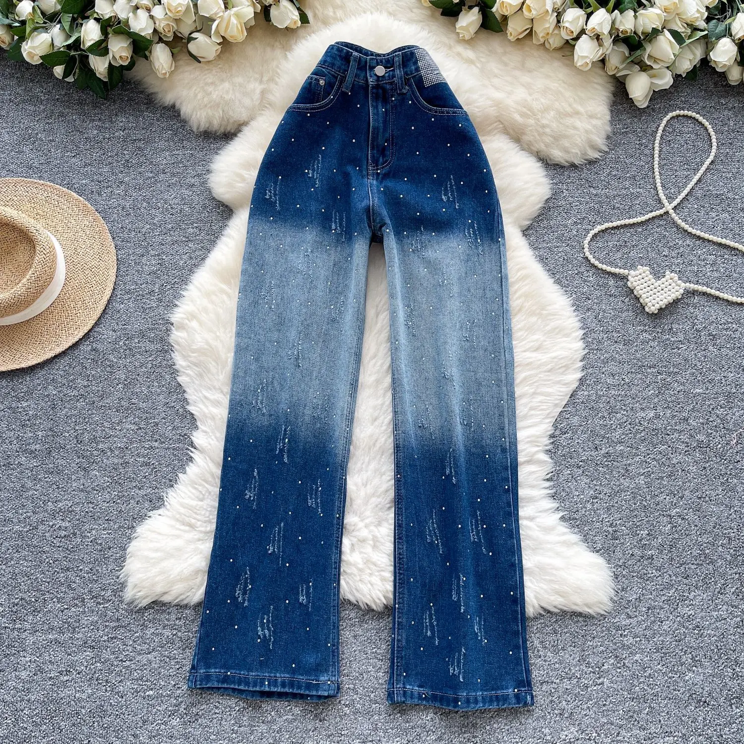 

Wide Leg Jeans Women Straight Pants Gradient Diamonds High Waist Distressed Washed Vintage Denims Trousers 2025 Streetwear