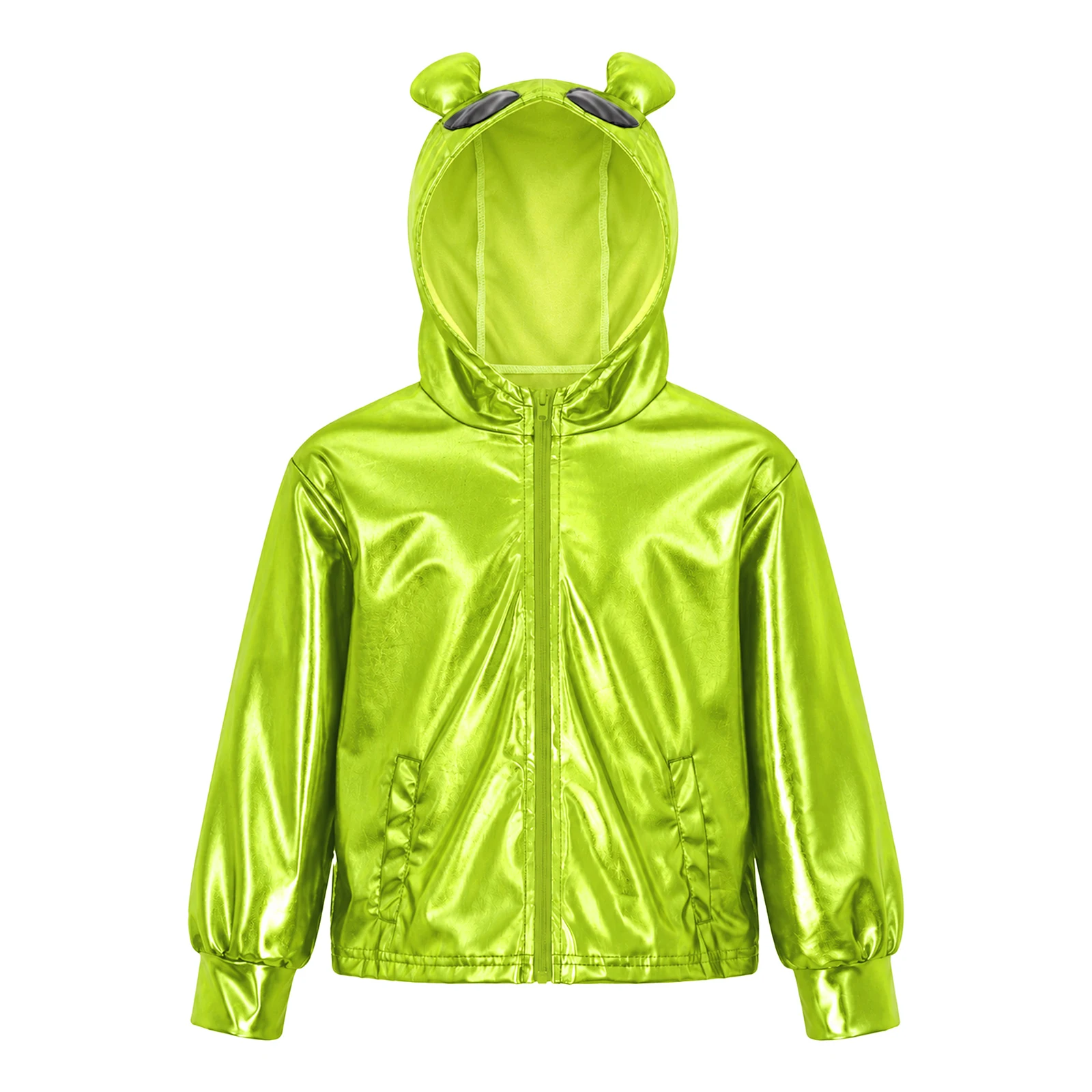 Kids Boys Girls Metallic Shiny Cutie Alien Robot Costume Long Sleeve Zipper Hooded Jacket Coat for Halloween Space Theme Party