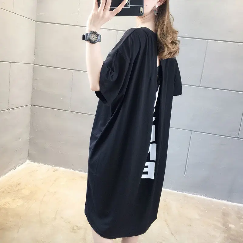 Fashion Backless Loose Dresses Summer Short Sleeve Women's Clothing Casual Letter Printed Korean Straight Round Neck Long Dress