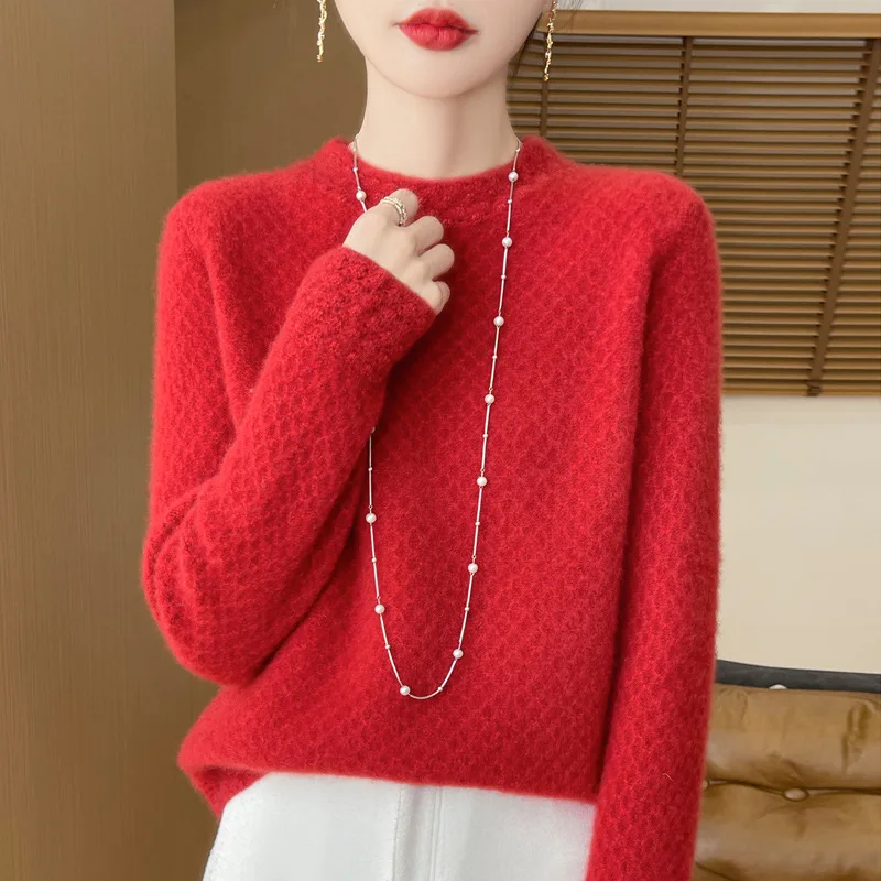 가을 겨울 세미 터틀넥 100% 울 스웨터 여성용 두꺼운 허니콤 자카드 솔리드 루즈 다용도 패션 니트 스웨터