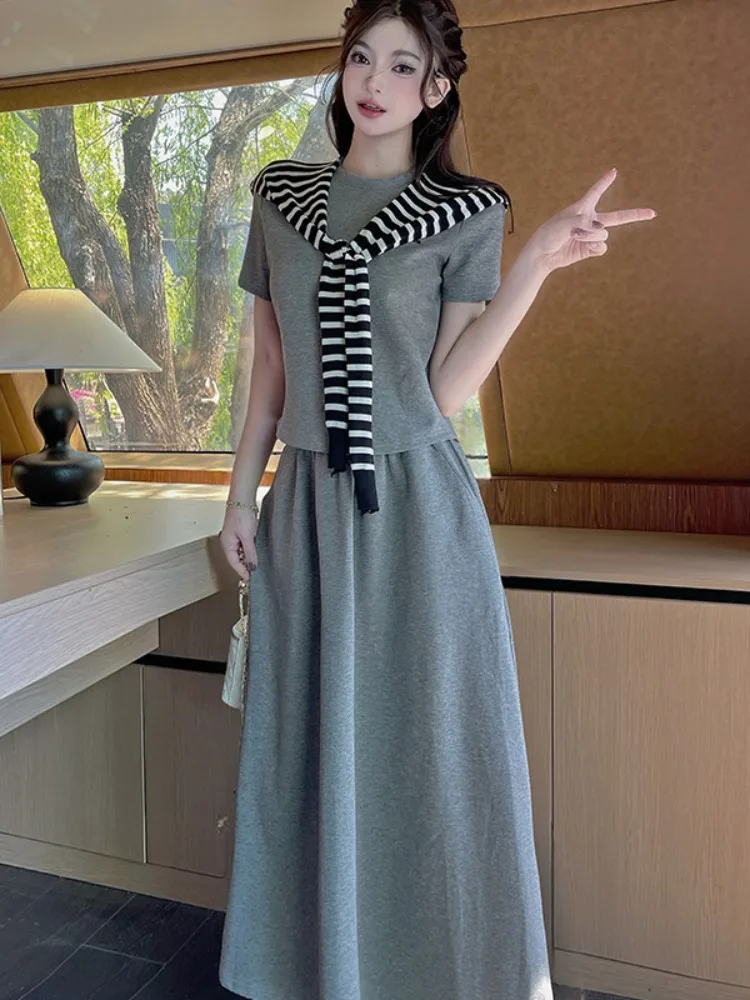 Summer New Style Color Block Knitted Shawl Casual Versatile Top Slimming Half Skirt Two Piece Set Breathable Short Sleeve T-S...