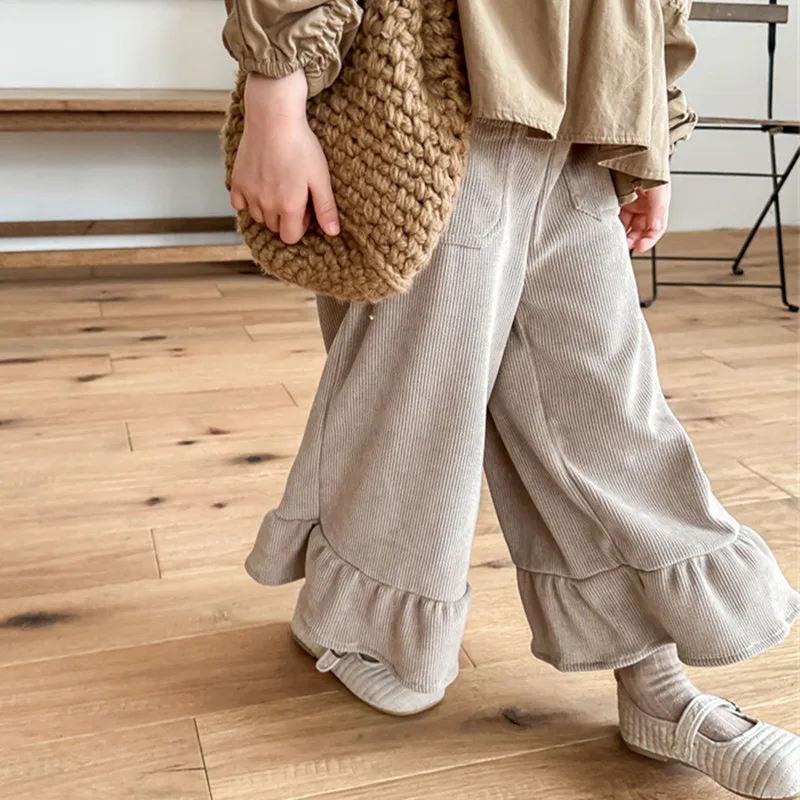 2025 Autumn Baby Girls Loose Wide Leg Trousers Korean Style Ruffles Toddlers Kids Corduroy Casual Pants