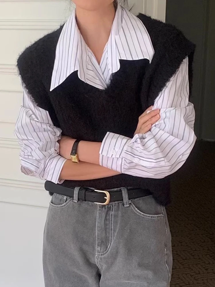 Colete de Tricô Vintage Chic com Decote em V Solto para Mulheres, Sem Mangas, Estilo Casual e Confortável para o Outono